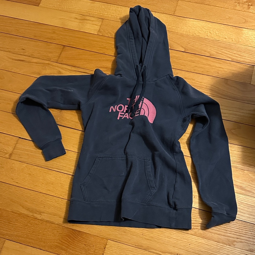 The North Face Kids Navy Hoodie with Pink Logo